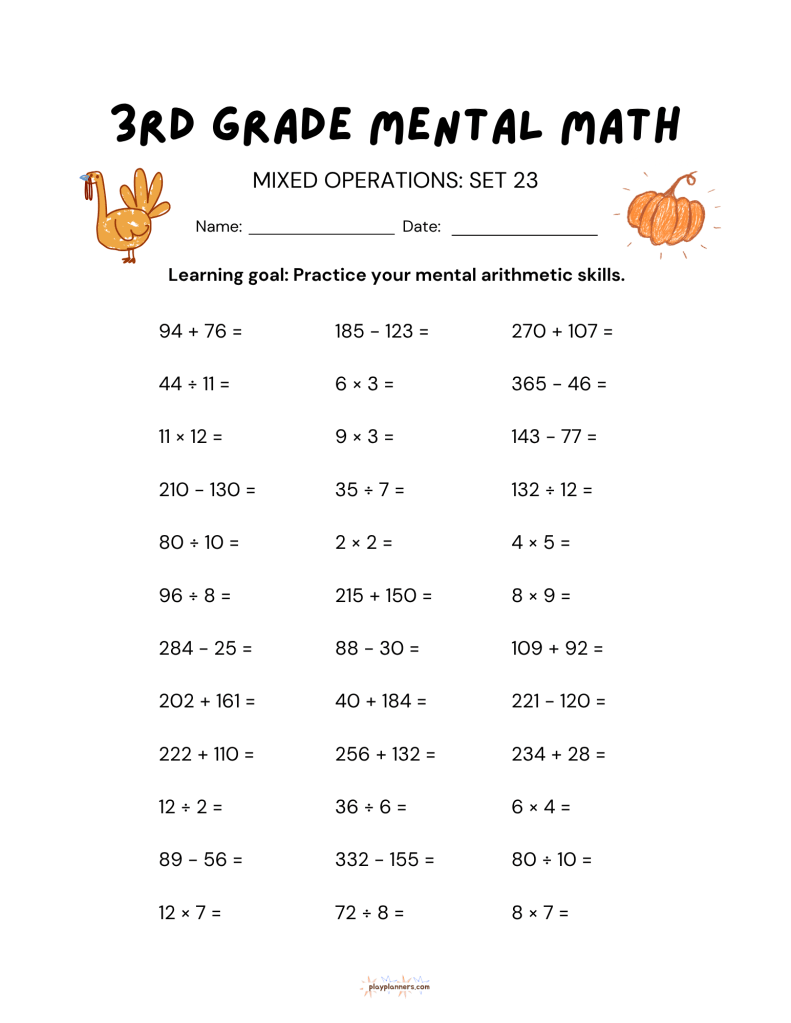 3rd grade mental math worksheet with addition subtraction multiplication and division