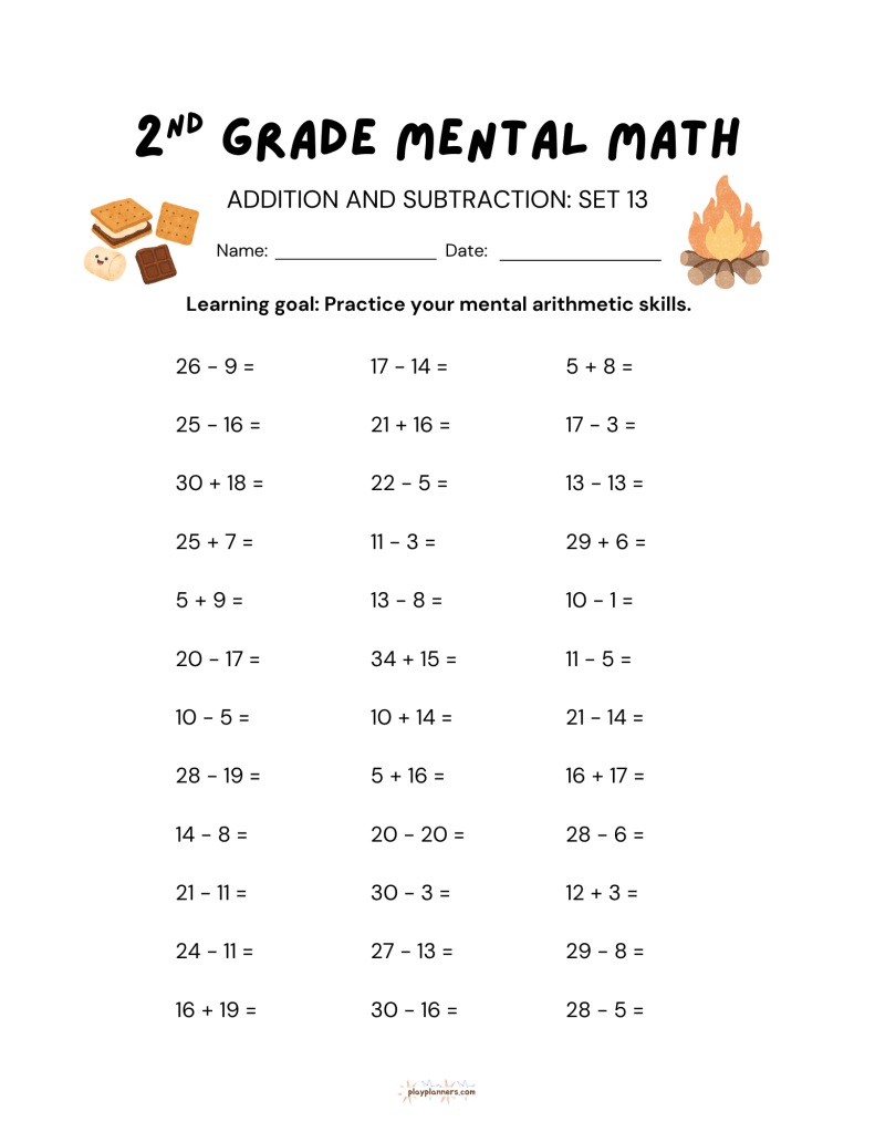 2nd grade mental math worksheet with addition and subtraction