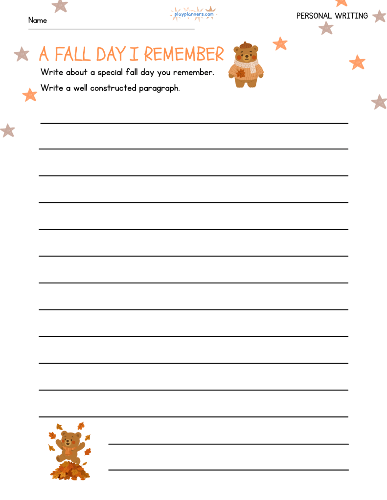 Fall writing worksheet with the prompt โA Fall Day I Rememberโ and space for students to write a paragraph.