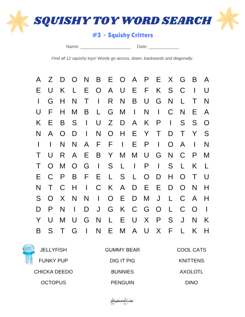 Squishy toy word search activity for elementary students