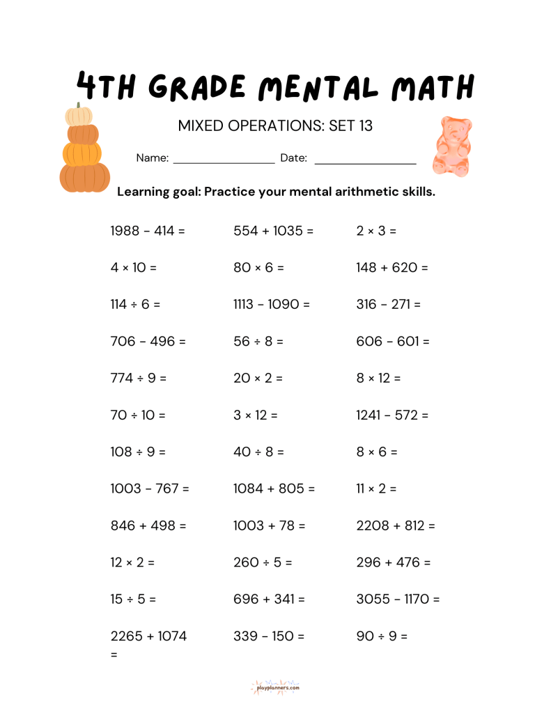4th grade mental math worksheet, mixed operations set 13, with fall themed illustrations