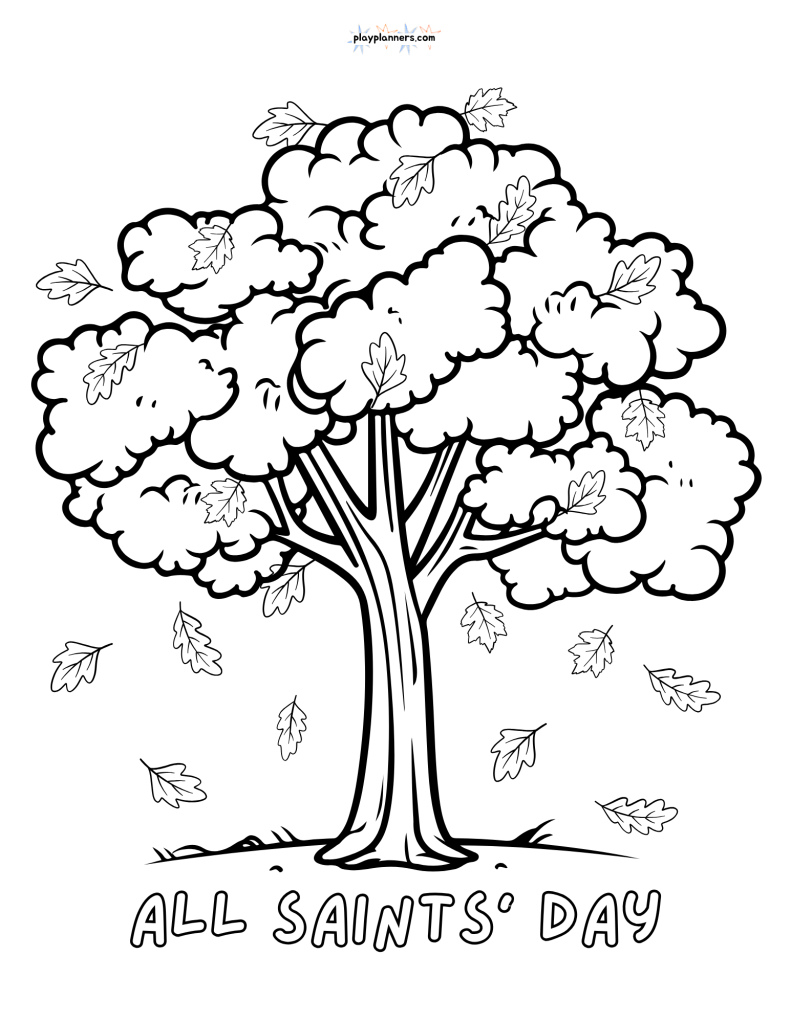 All Saints' Day coloring page with a large tree and falling leaves