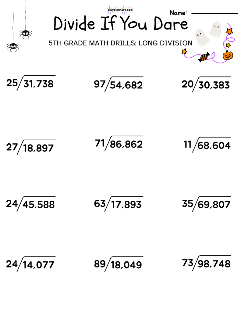 5th grade halloween themed long division worksheet