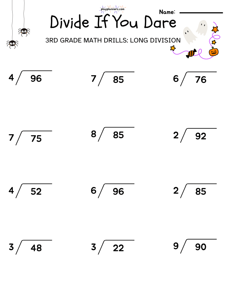 3rd grade long division halloween themed worksheet