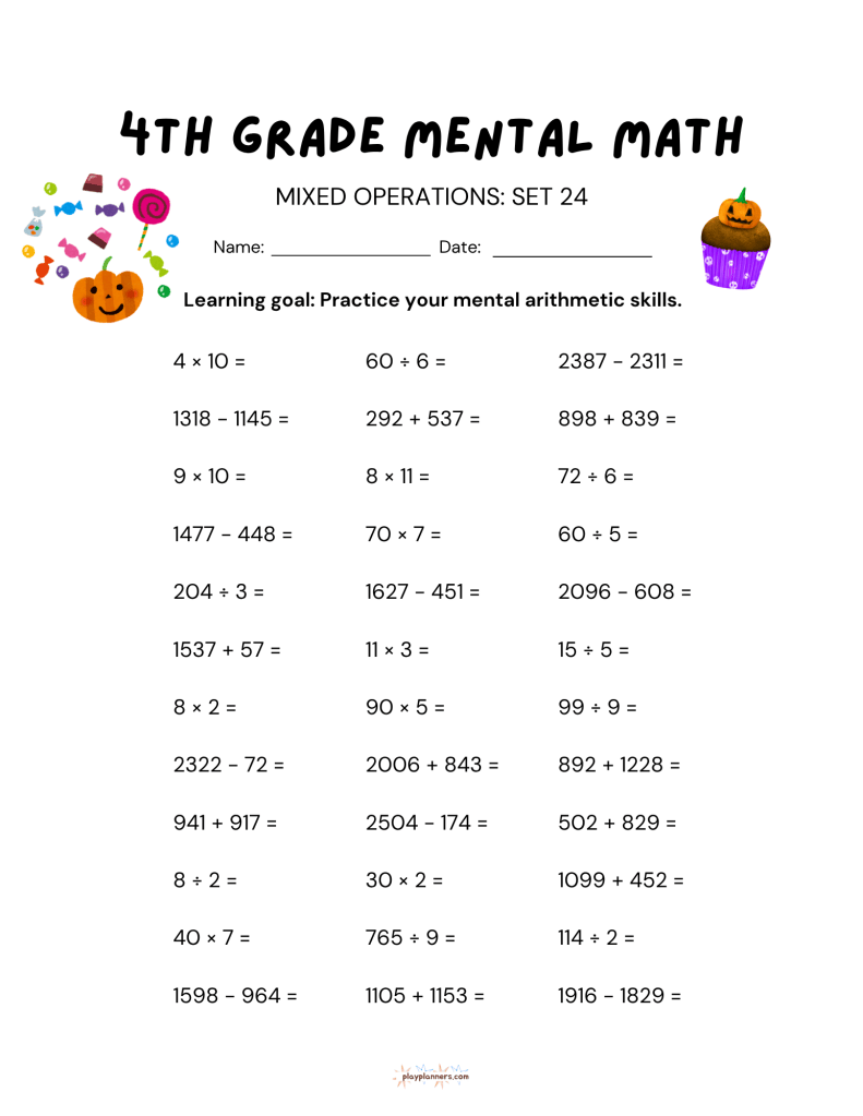 3rd grade halloween themed mental math worksheet