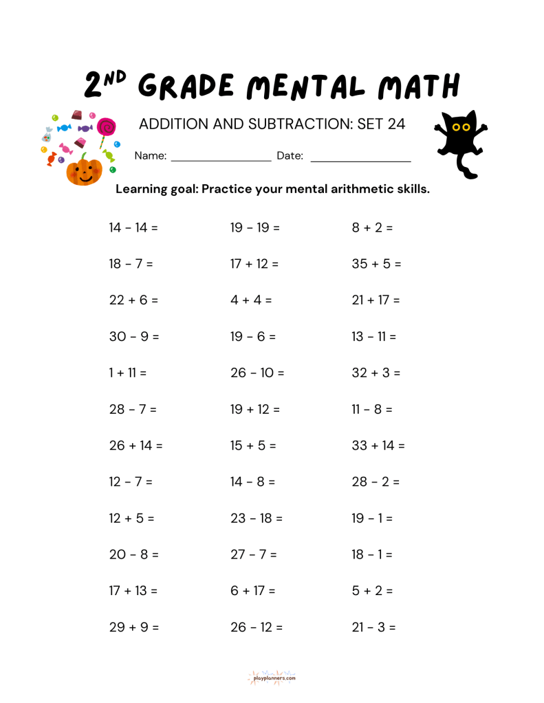 second grade addition and subtraction halloween themed worksheet
