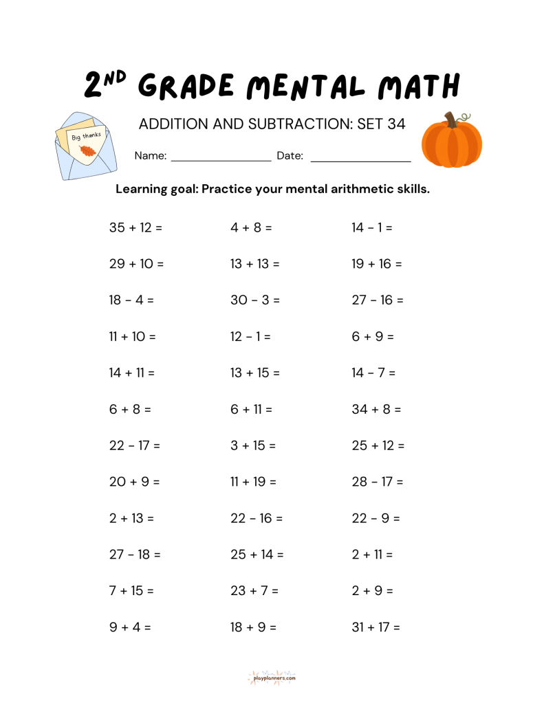 Thanksgiving themed second grade addition and subtraction worksheet