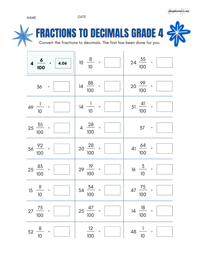 fraction to decimal practice worksheet for 4th grade