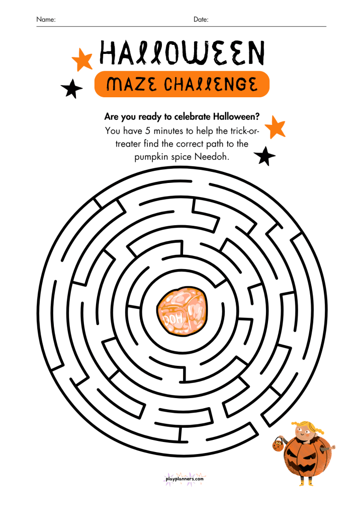 Halloween maze challenge printable: help the trick or treater find the path to the pumpkin spice Needoh