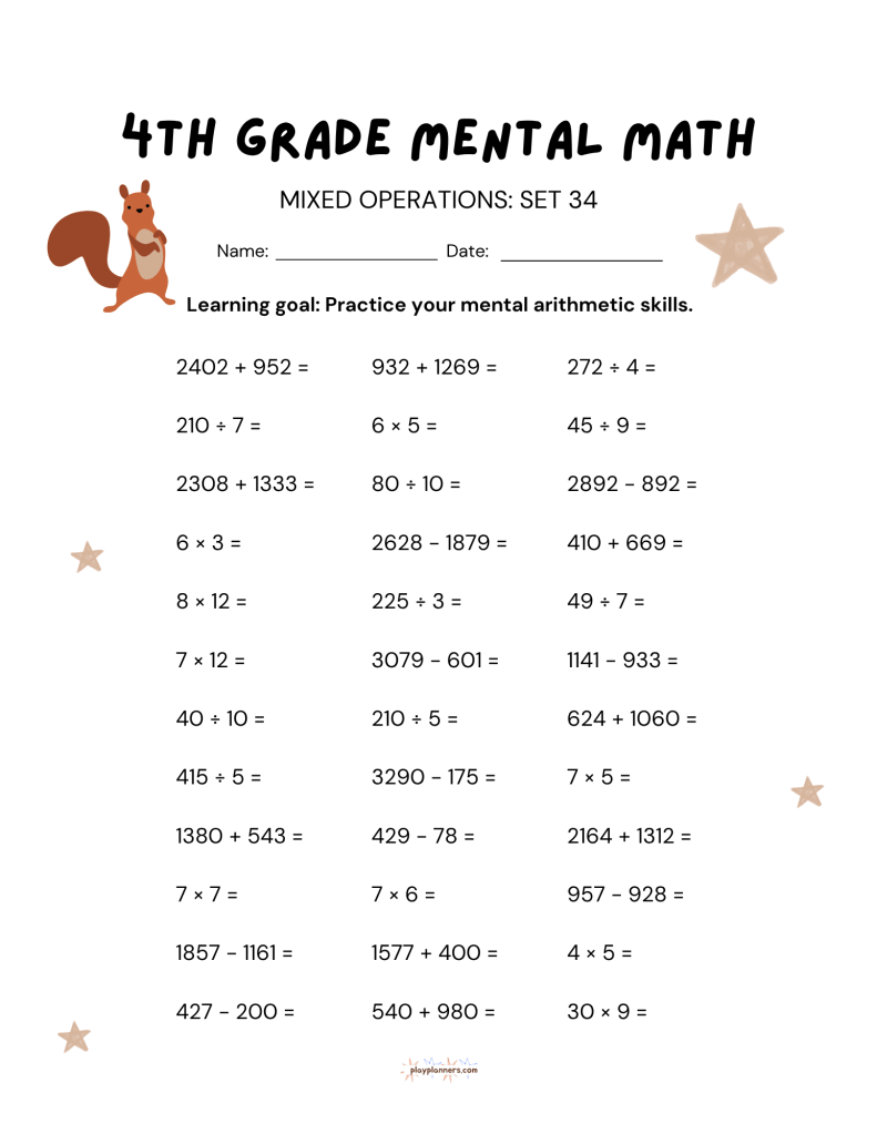 thanksgiving 4th grade mental math worksheet