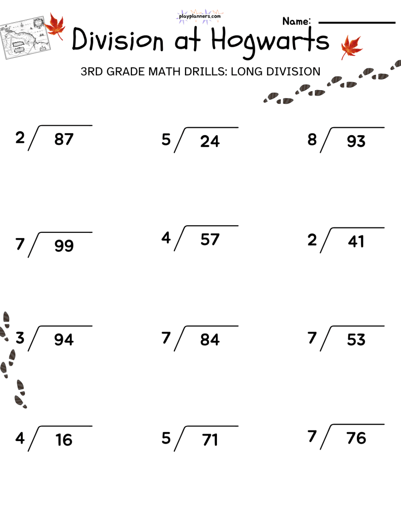 3rd Grade long division worksheet with a harry potter theme