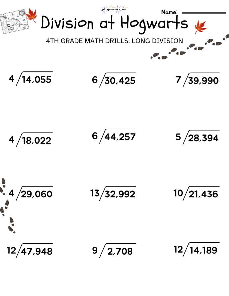 4th grade long division worksheet harry potter themed free printable