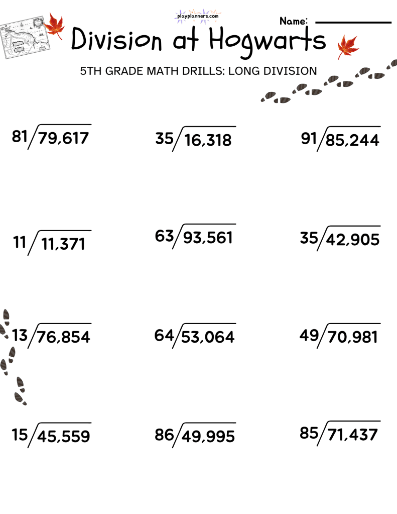 5th grade long division math worksheet harry potter themed free printable