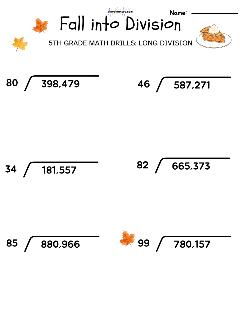 5th grade long division worksheet fall themed free printable