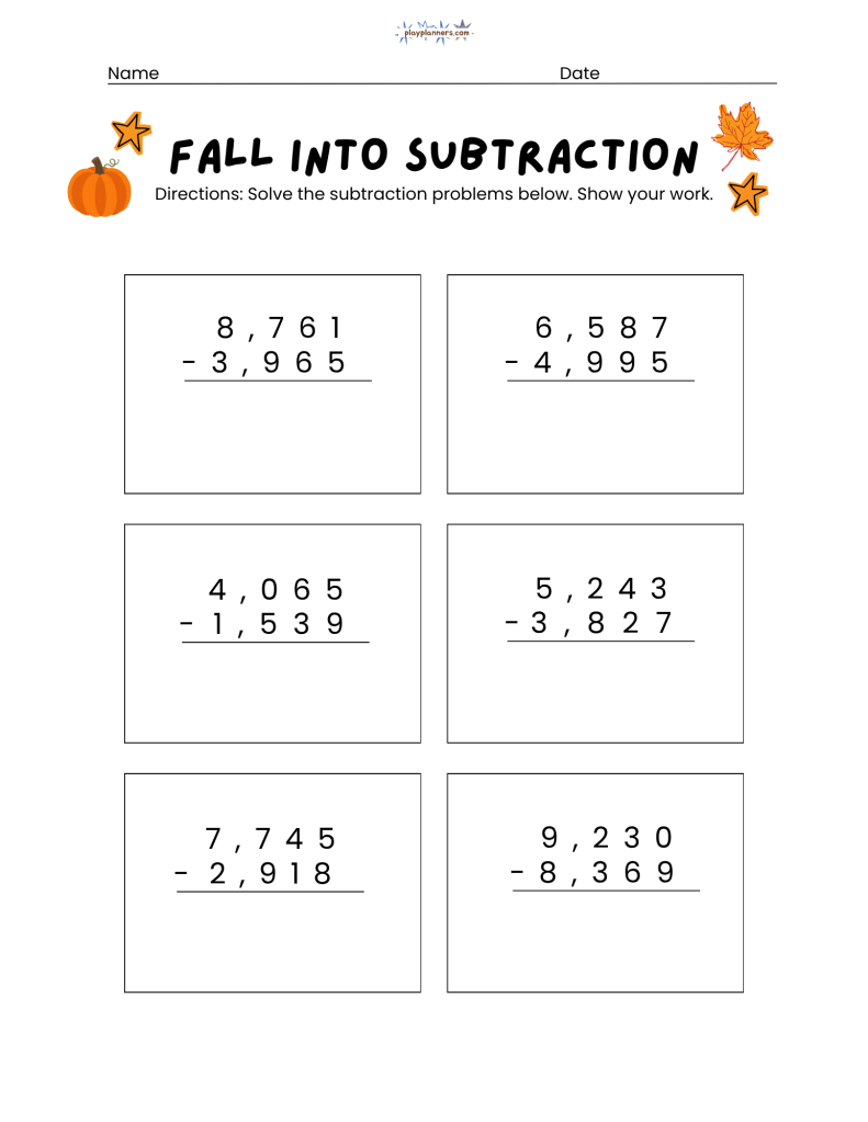 4th grade subtraction worksheets fall themed free printable