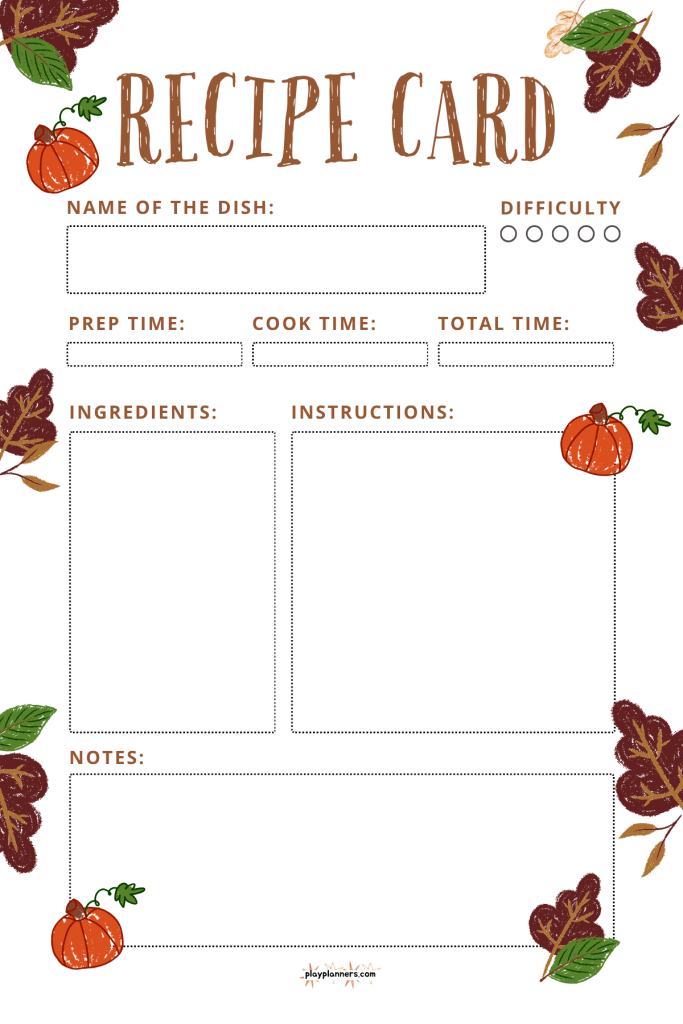 Printable fall recipe card with autumn leaves and pumpkins