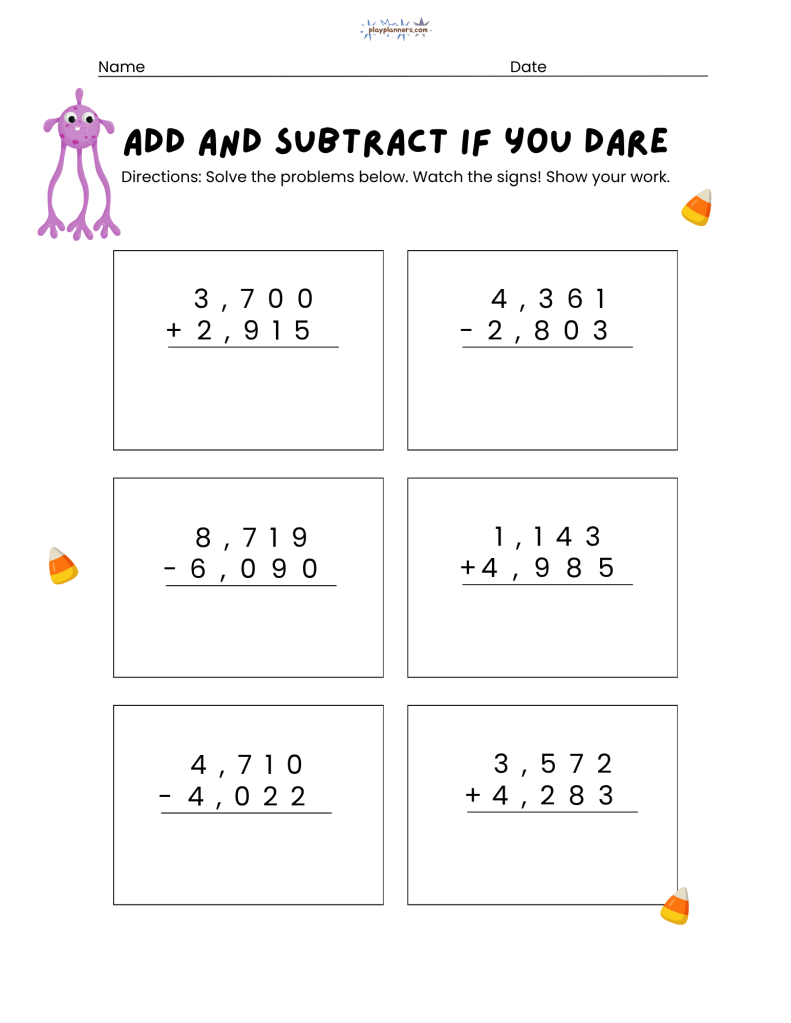 Addition and Subtraction practice for 3rd grade free halloween printable