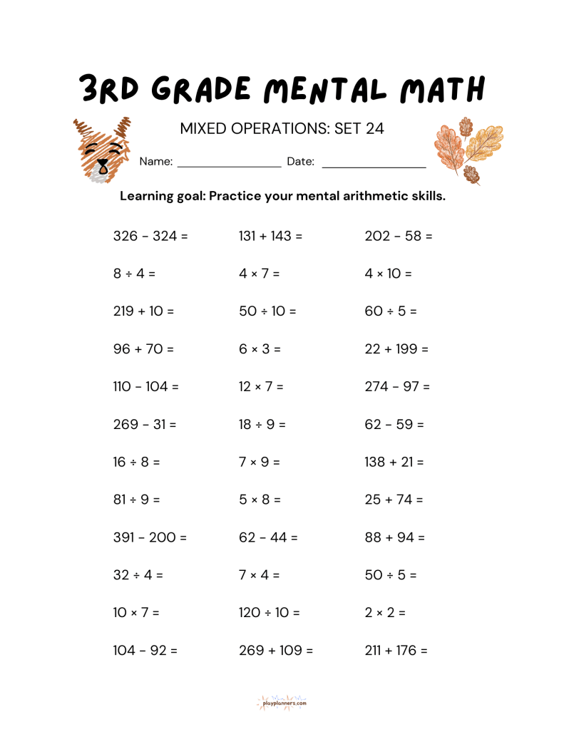 3rd grade mental math worksheet with addition subtraction multiplication and division