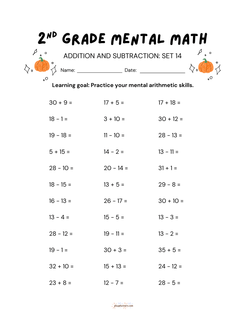 2nd grade mental math worksheet with addition and subtraction
