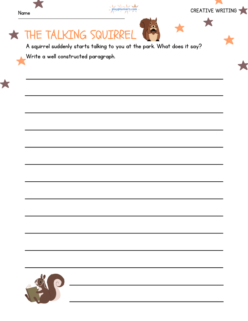 Fall creative writing worksheet with the prompt โThe Talking Squirrelโ and space for students to write a paragraph.