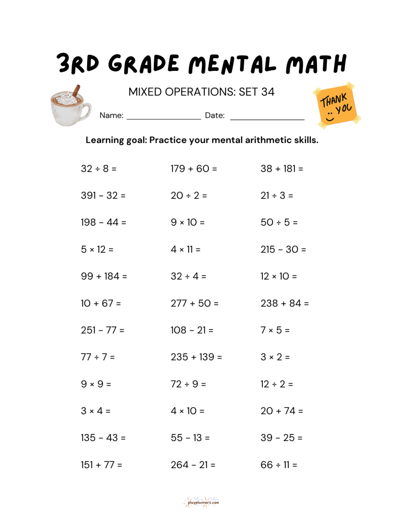 3rd grade mental math worksheet thanksgiving fall themed