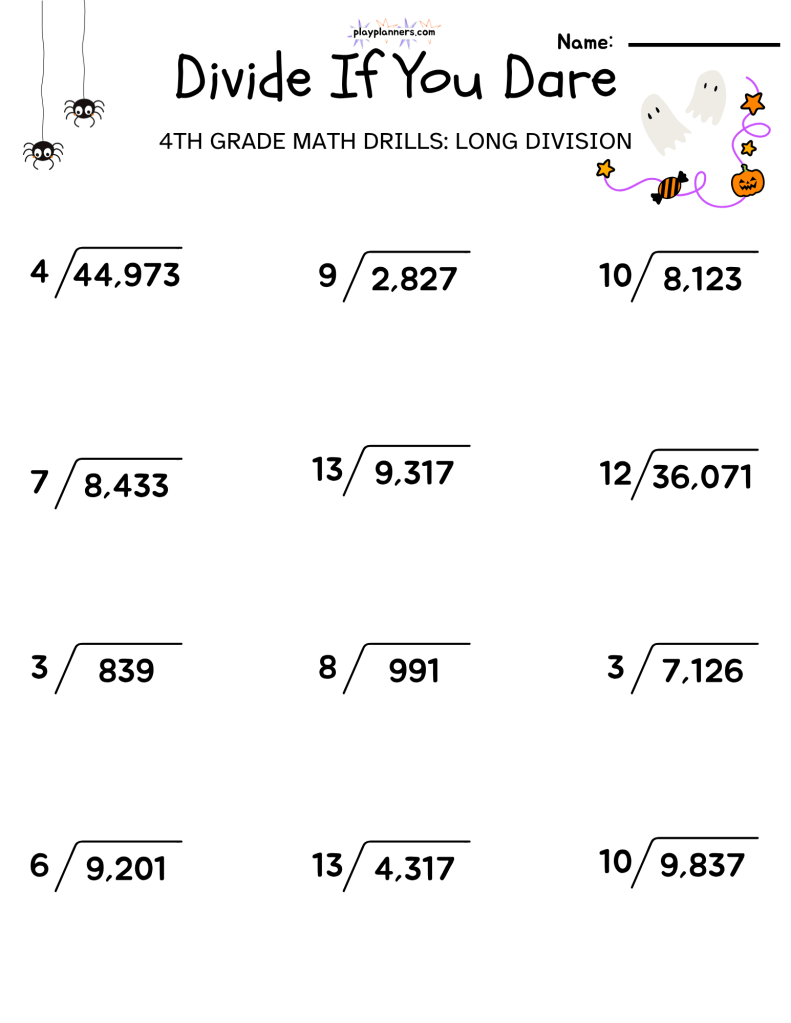 long division worksheets for 4th grade halloween themed