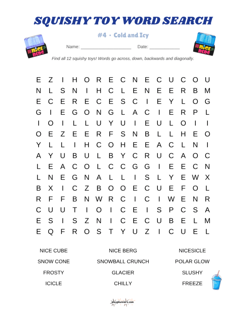 Squishy toy word search printable for kids featuring popular squishy names