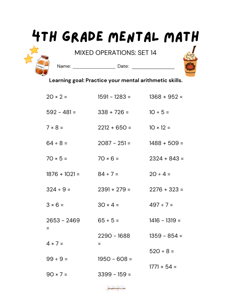4th grade mental math worksheet, mixed operations set 14, with fall themed illustrations
