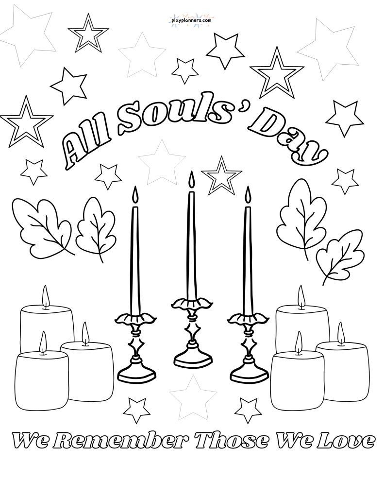 All Souls' Day coloring page with candles and the words We Remember Those We Love