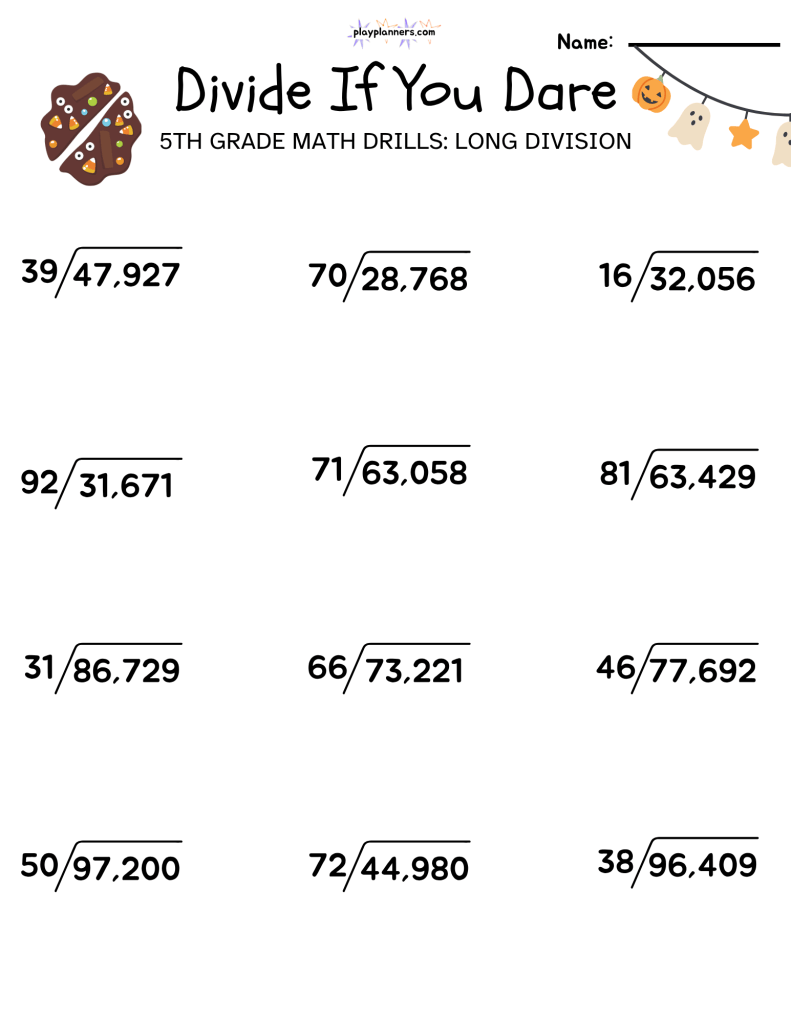 5th grade halloween themed long division worksheet
