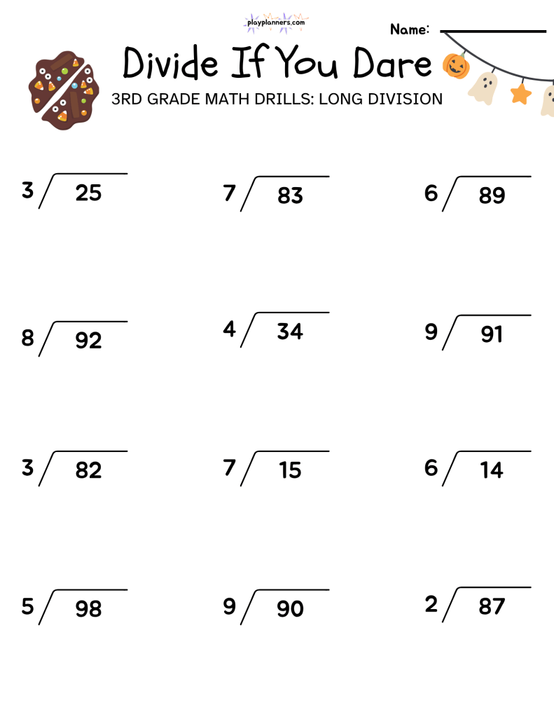 3rd grade long division halloween themed worksheet