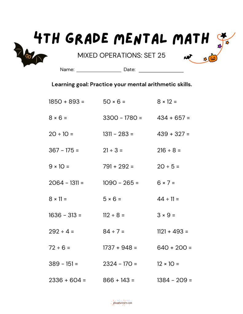 3rd grade halloween themed mental math worksheet