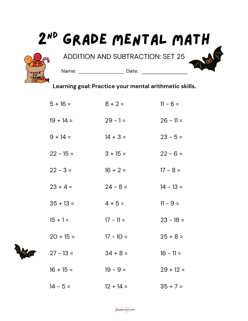 second grade addition and subtraction halloween themed worksheet