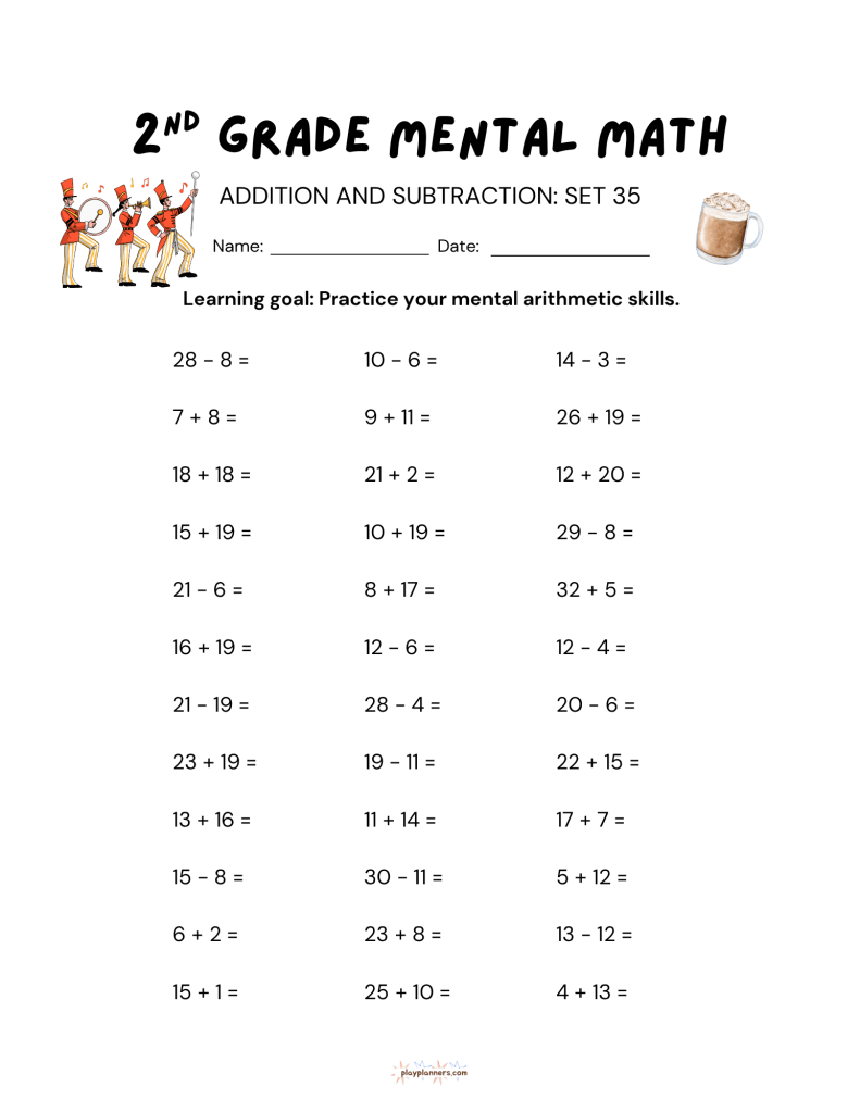 Thanksgiving themed second grade addition and subtraction worksheet