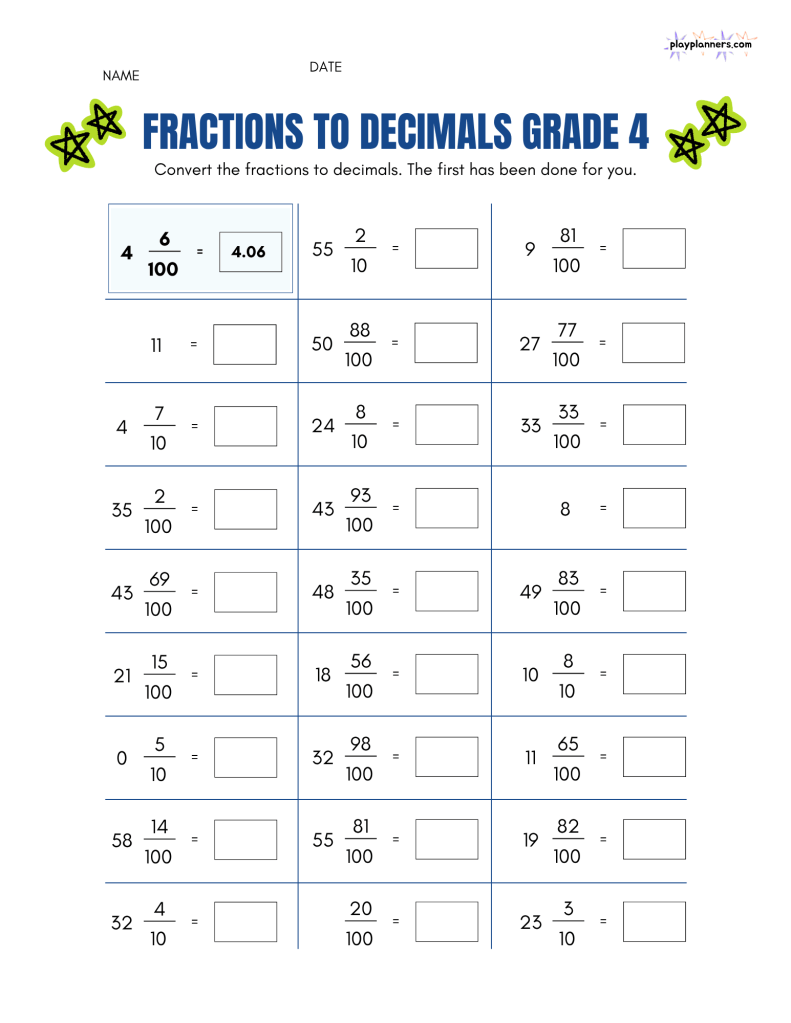 fraction to decimal practice worksheet for 4th grade