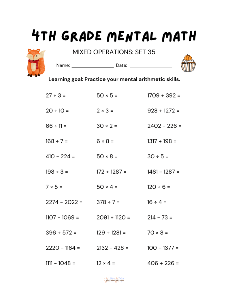 thanksgiving 4th grade mental math worksheet