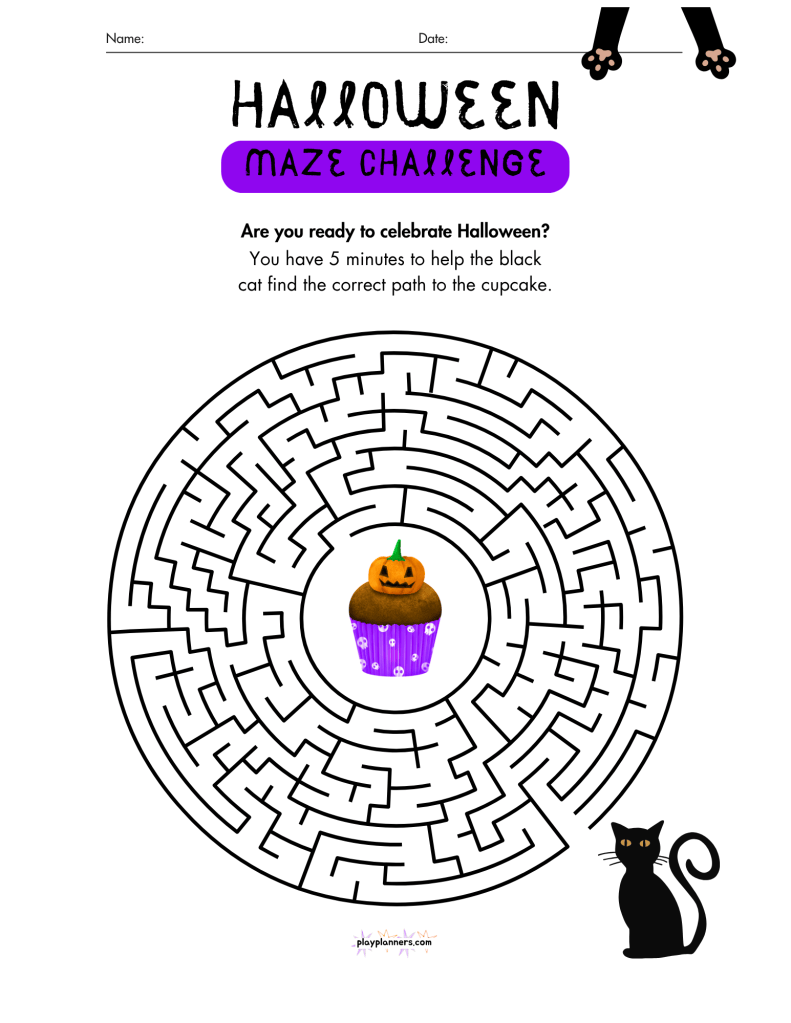 Halloween maze challenge printable: help the black cat find the path to the cupcake
