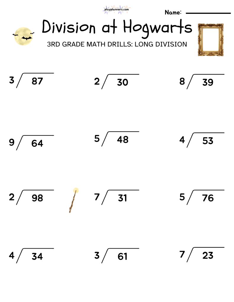 3rd Grade long division worksheet with a harry potter theme