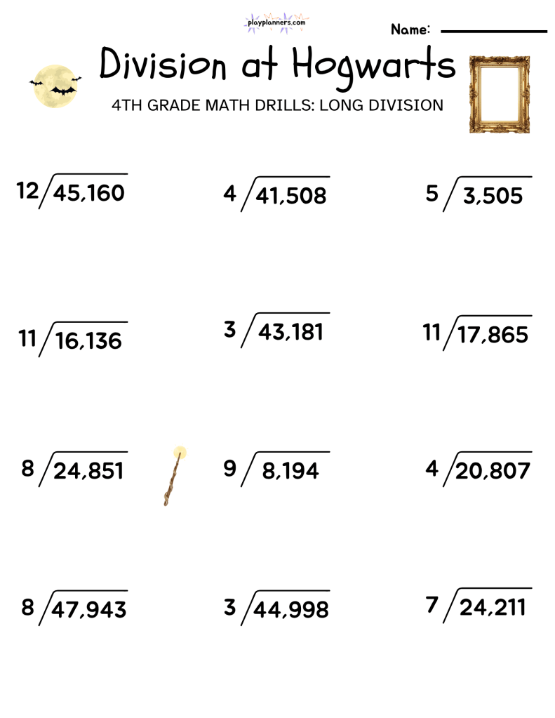 4th grade long division worksheet harry potter themed free printable