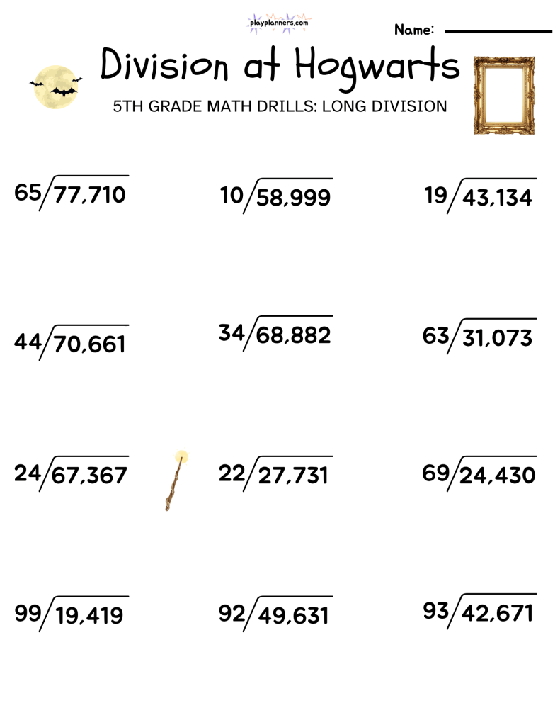 5th grade long division math worksheet harry potter themed free printable