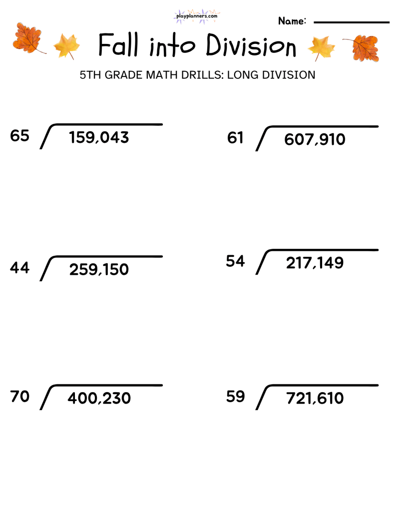 5th grade long division worksheet fall themed free printable