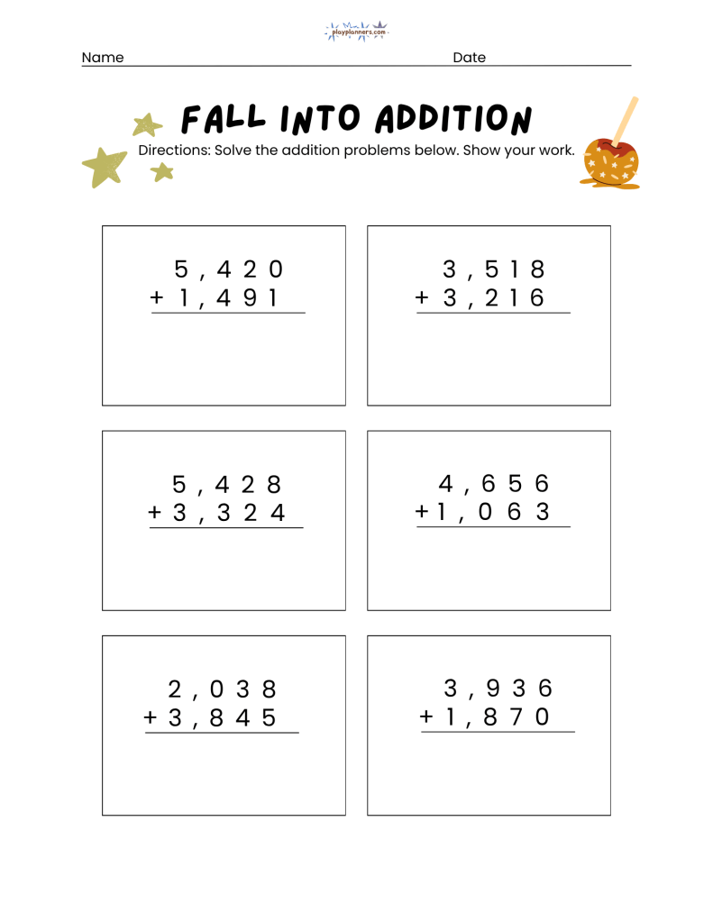 3rd grade four-digit addition worksheet