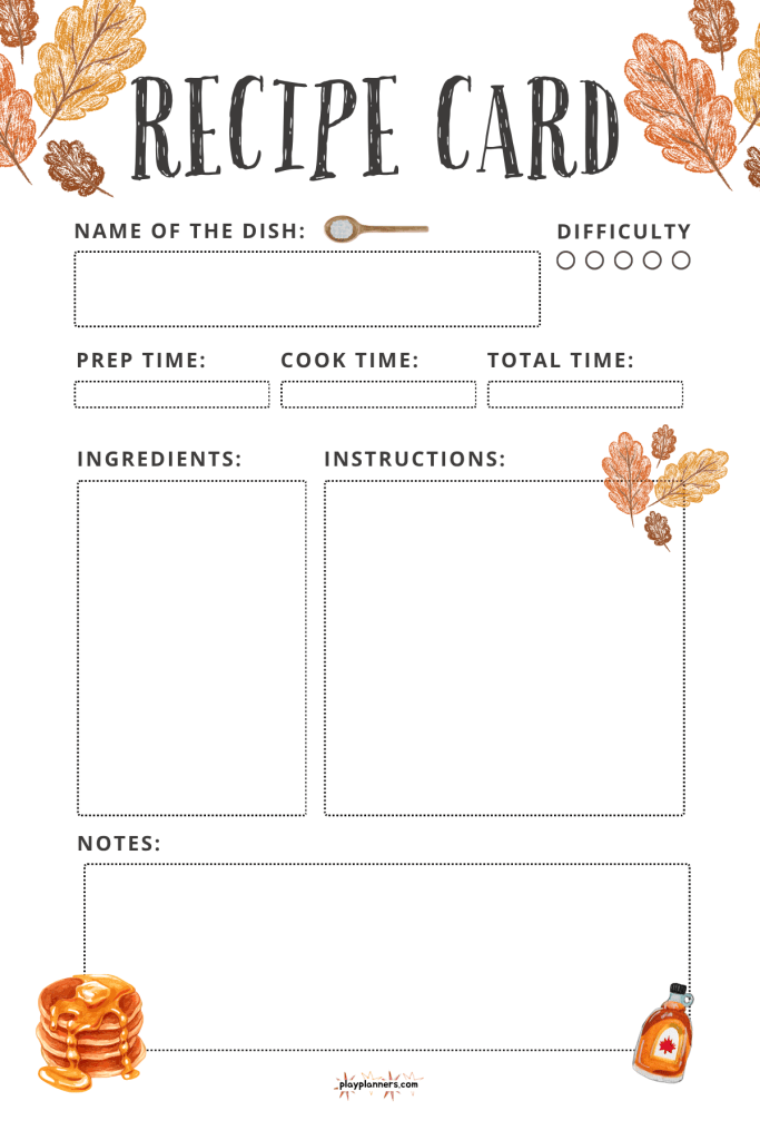 Printable fall recipe card with pancakes and maple-themed designs