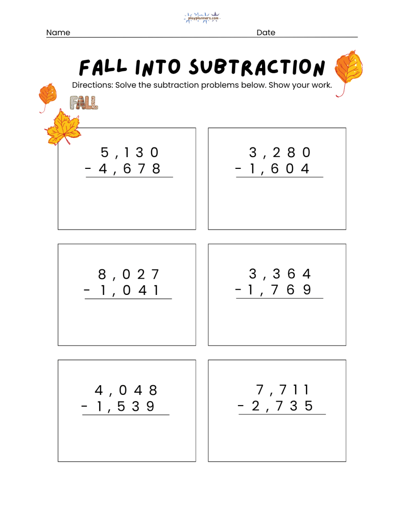 4th grade subtraction worksheets fall themed free printable