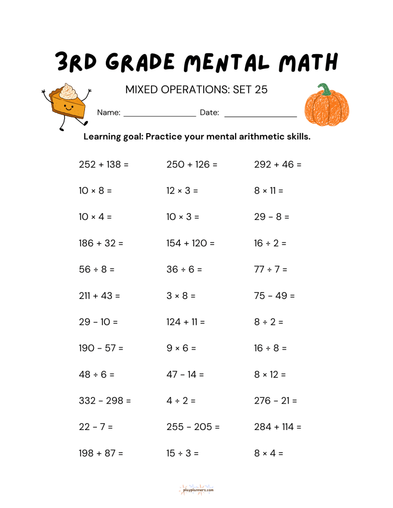 3rd grade mental math worksheet with addition subtraction multiplication and division
