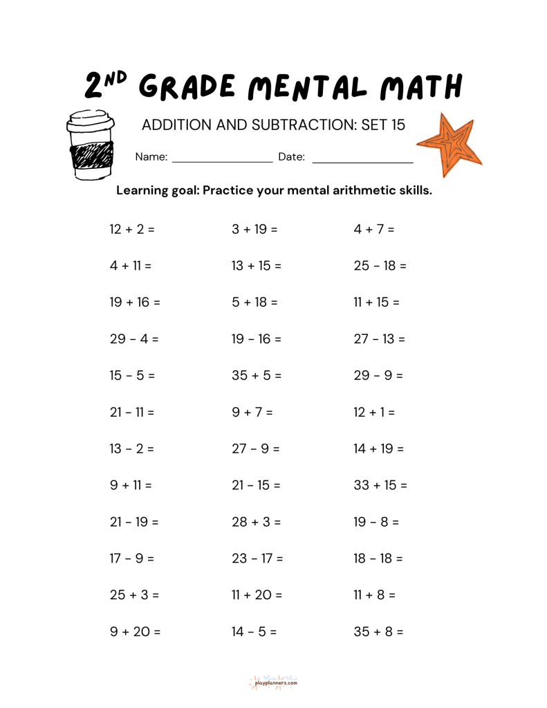 2nd grade mental math worksheet with addition and subtraction