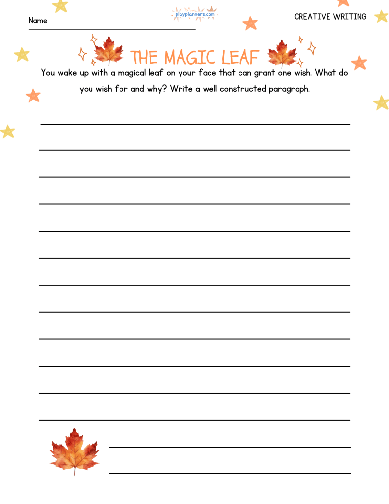 Fall creative writing worksheet with the prompt โThe Magic Leafโ and space for students to write a paragraph.