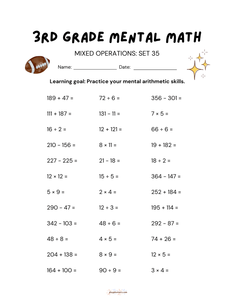 3rd grade mental math worksheet thanksgiving fall themed