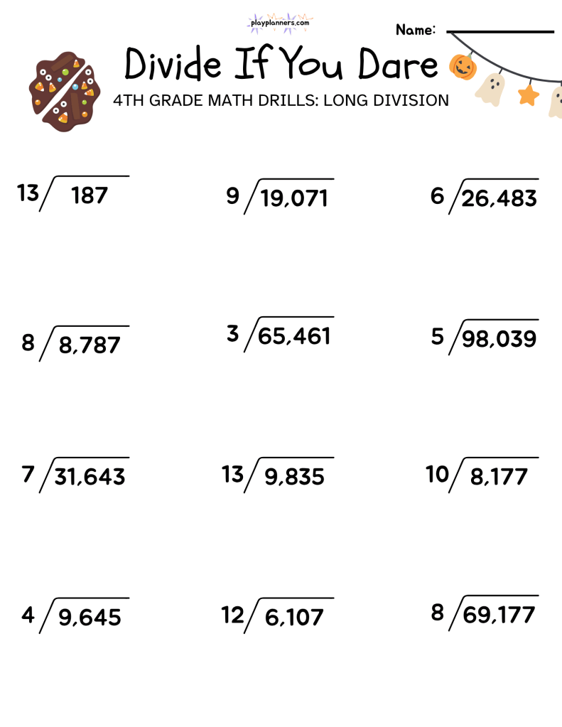 long division worksheets for 4th grade halloween themed