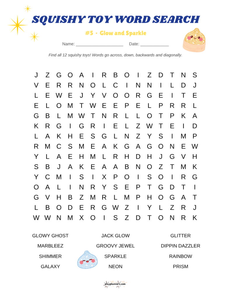 Printable squishy toy word search featuring cute and popular squishy toys